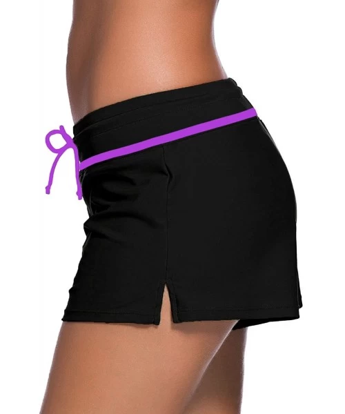 Board Shorts Women's Adjustable Swimsuit Tankini Bottom Board Shorts-Comfort Quick Dry Stretch Board Short - Black+purple - C...