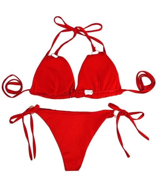 Sets Women 2 PCS Triangle Bikini Set Sexy Sequin Glitter Beachwear Adjustable Straps Summer Swimwear - Red - CS18QXE66O9