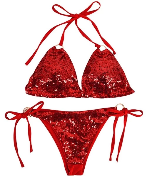 Sets Women 2 PCS Triangle Bikini Set Sexy Sequin Glitter Beachwear Adjustable Straps Summer Swimwear - Red - CS18QXE66O9