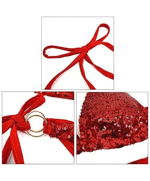 Sets Women 2 PCS Triangle Bikini Set Sexy Sequin Glitter Beachwear Adjustable Straps Summer Swimwear - Red - CS18QXE66O9