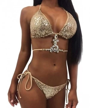 Racing Women Crystal Drill Sequins Bikini Set Beach Swimwear Beachwear Swimsuit - Gold - C218O3W0ZEU