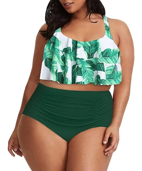 Sets Womens Plus Size Swimwear Peplum Tankini Tops Tummy Control 2 Piece Floral Retro Swimsuits - Tie Dye (Leaf) - C519682OS03