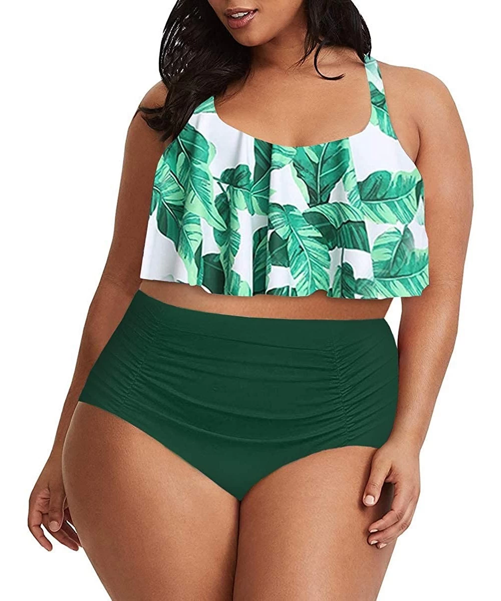 Sets Womens Plus Size Swimwear Peplum Tankini Tops Tummy Control 2 Piece Floral Retro Swimsuits - Tie Dye (Leaf) - C519682OS03