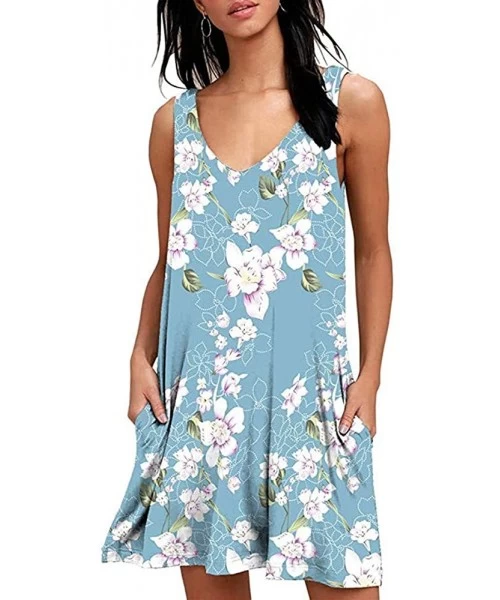 Cover-Ups Womens Summer Dress Casual Sleeveless Mini Floral Printed Plain Pleated Tank Vest Dresses for Women Sky Blue - CZ19...