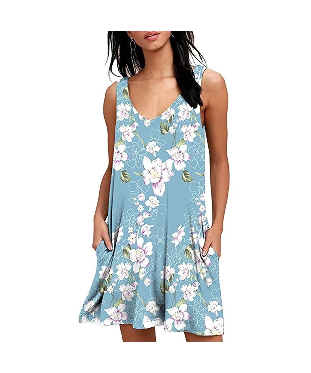 Cover-Ups Womens Summer Dress Casual Sleeveless Mini Floral Printed Plain Pleated Tank Vest Dresses for Women Sky Blue - CZ19...