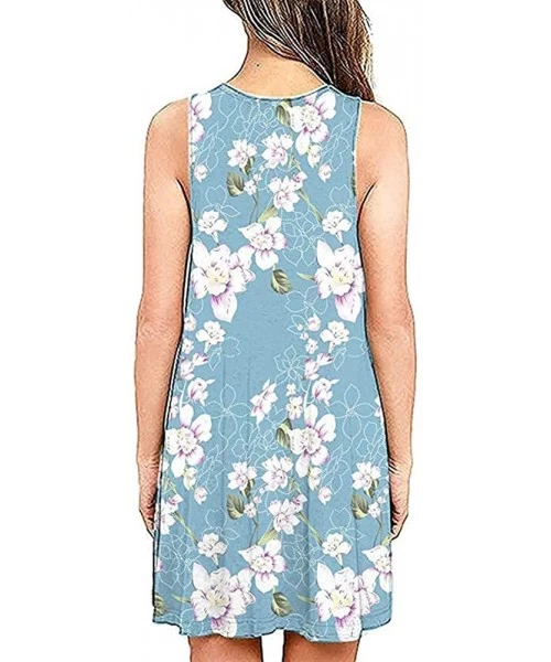 Cover-Ups Womens Summer Dress Casual Sleeveless Mini Floral Printed Plain Pleated Tank Vest Dresses for Women Sky Blue - CZ19...