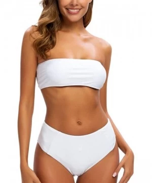 Sets Womens High Waist Bikini Bandeau Swimsuit Strapless Solid Color Bathing Suit High Cut Swimwear - White - CG1966QG5CS