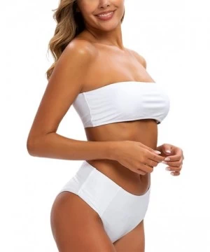 Sets Womens High Waist Bikini Bandeau Swimsuit Strapless Solid Color Bathing Suit High Cut Swimwear - White - CG1966QG5CS