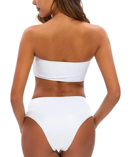 Sets Womens High Waist Bikini Bandeau Swimsuit Strapless Solid Color Bathing Suit High Cut Swimwear - White - CG1966QG5CS