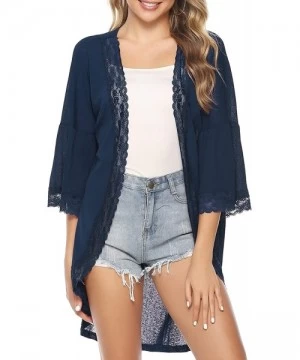 Cover-Ups Women's Cardigan Cover Up 3/4 Bell Sleeve Lace Kimono Cardigan Blouse Top - Navy - C418W2DX2GN