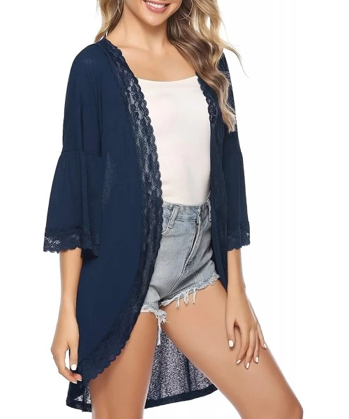 Cover-Ups Women's Cardigan Cover Up 3/4 Bell Sleeve Lace Kimono Cardigan Blouse Top - Navy - C418W2DX2GN