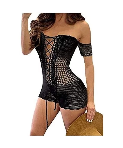 Cover-Ups Women's Bathing Suit Cover Ups Sexy Swimwear Crochet Lace Beach Long Dress - Y-black - CC196GZOXN9