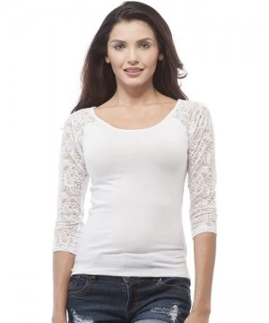 Tankinis Women's 3/4 Sleeve Lace Contrast Scoop Neck Top - White - C712632D5OX