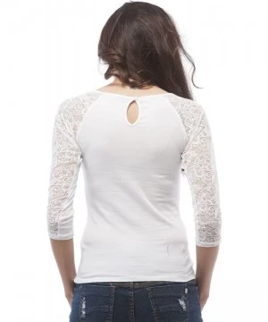 Tankinis Women's 3/4 Sleeve Lace Contrast Scoop Neck Top - White - C712632D5OX