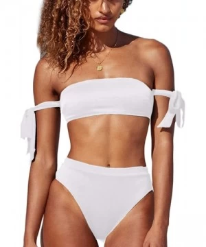 Sets Womens Bandeau Tie Back High Waisted Thong Bikini Set 2 Pieces Swimsuit - White - CX194HTSMDQ