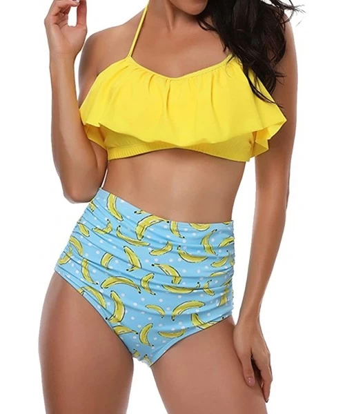 Sets Womens Two Piece Swimwear High Waisted Padded Halter Beach Bathing Suits Bikini Set - Yellow - CJ18C4IOGC8