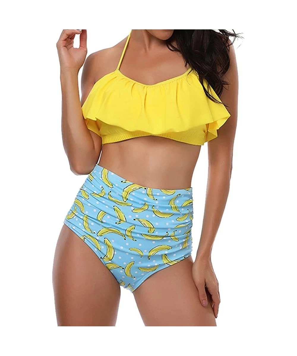 Sets Womens Two Piece Swimwear High Waisted Padded Halter Beach Bathing Suits Bikini Set - Yellow - CJ18C4IOGC8