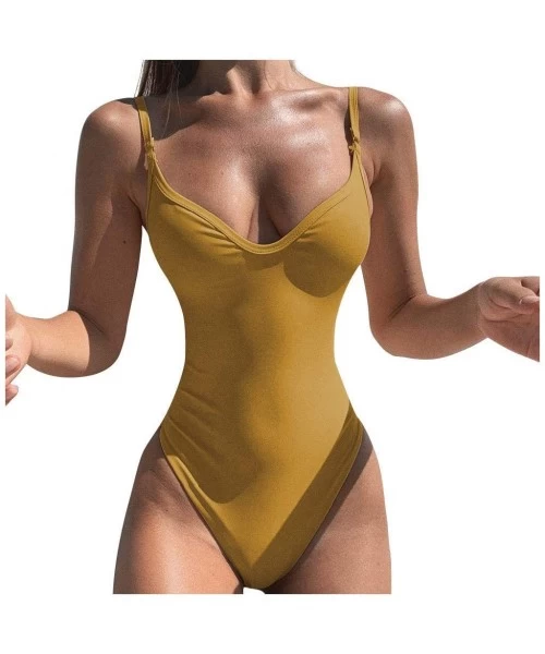 One-Pieces Women Sexy Pure Color Tight Fitting Jumpsuit Beach Bikini One Piece Swimwear Swimsuit - Yellow - C41952CWNAU