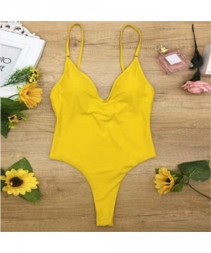 One-Pieces Women Sexy Pure Color Tight Fitting Jumpsuit Beach Bikini One Piece Swimwear Swimsuit - Yellow - C41952CWNAU