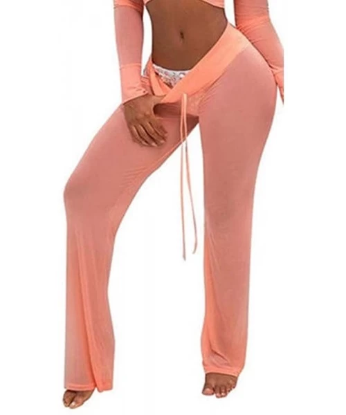 Cover-Ups Sexy Women See Through Mesh Flare Cover Up Pants Swimsuit Bikini Bottom Cover Up - Pink2 - CA18GQOISMN