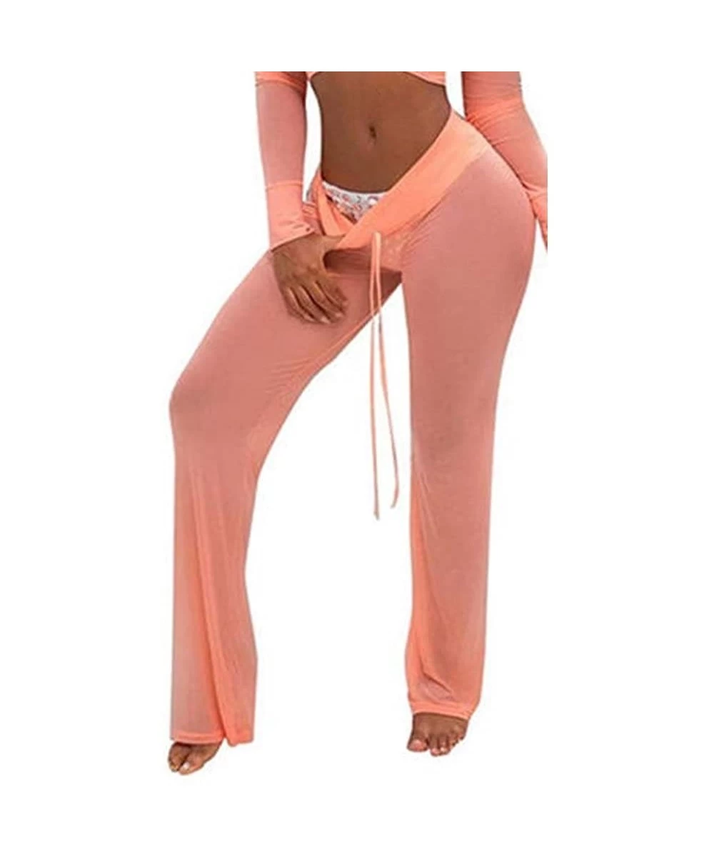 Cover-Ups Sexy Women See Through Mesh Flare Cover Up Pants Swimsuit Bikini Bottom Cover Up - Pink2 - CA18GQOISMN