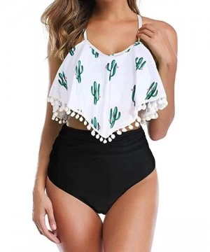 Bottoms High Waisted Bikini Swimsuits for Women Retro Ruffled Flounce Swimwear Two Piece Tankini Bathing Suits - Cactus - CB1...