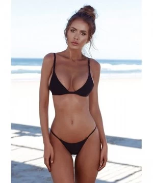 Sets Swimsuits 2 Pcs Brazilian Top Thong Bikini Set Scoop Neck Push Up High Waist Bathing Suits for Women - Black-2 - CT1968L...