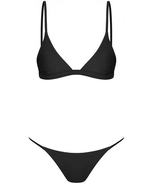 Sets Swimsuits 2 Pcs Brazilian Top Thong Bikini Set Scoop Neck Push Up High Waist Bathing Suits for Women - Black-2 - CT1968L...