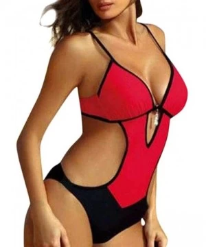 Sets Women Push-Up One Piece Bikini Lace Up Printed Padded Swimsuit - Red-01 - C418WGO3290