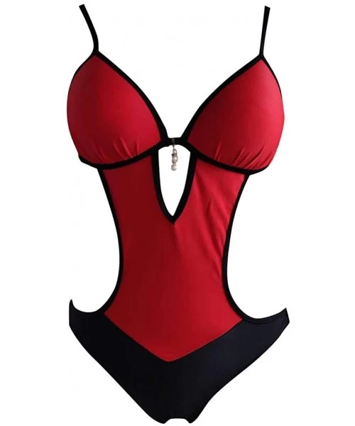 Sets Women Push-Up One Piece Bikini Lace Up Printed Padded Swimsuit - Red-01 - C418WGO3290