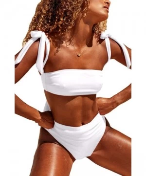 Sets Womens Bandeau Tie Back High Waisted Thong Bikini Set 2 Pieces Swimsuit - White - CX194HTSMDQ