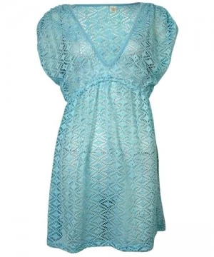 Cover-Ups Women's V-Neck Crochet Dress Swim Cover-Up - Aqua - CS12O0TR83M