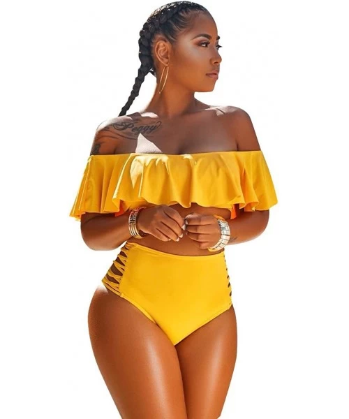 Sets Off The Shoulder Ruffle Bathing Bikini Crop Two Piece Tankini Womens Ruched Swimsuit 1016 - Yellow - C618RT3NM7E