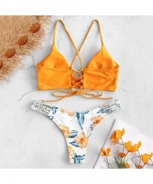 Sets Swimsuits for Women Bikini High Waist-Women's Lace-up Floral Leaf High Waisted Tummy Control Two Piece Tankini Swimsuit ...