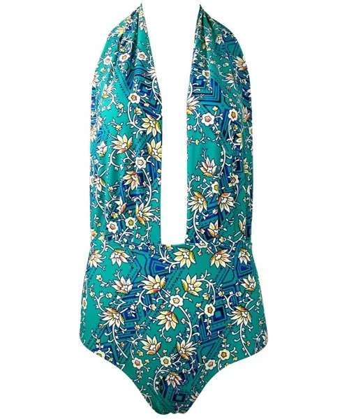 One-Pieces Womens One Piece Swimsuit Halter Monokini Swimwear Deep V Neck Plunge Backless Bathingsuit M 3XL Flower turquoise ...