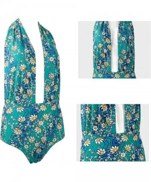 One-Pieces Womens One Piece Swimsuit Halter Monokini Swimwear Deep V Neck Plunge Backless Bathingsuit M 3XL Flower turquoise ...