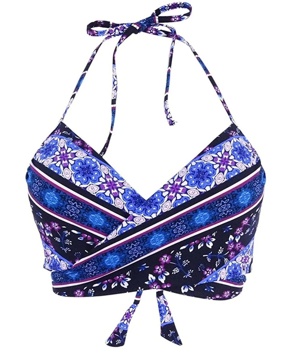 Tops Purple Floral Print Simone Halter Top Bikini 32C - CB18EMIW8QX