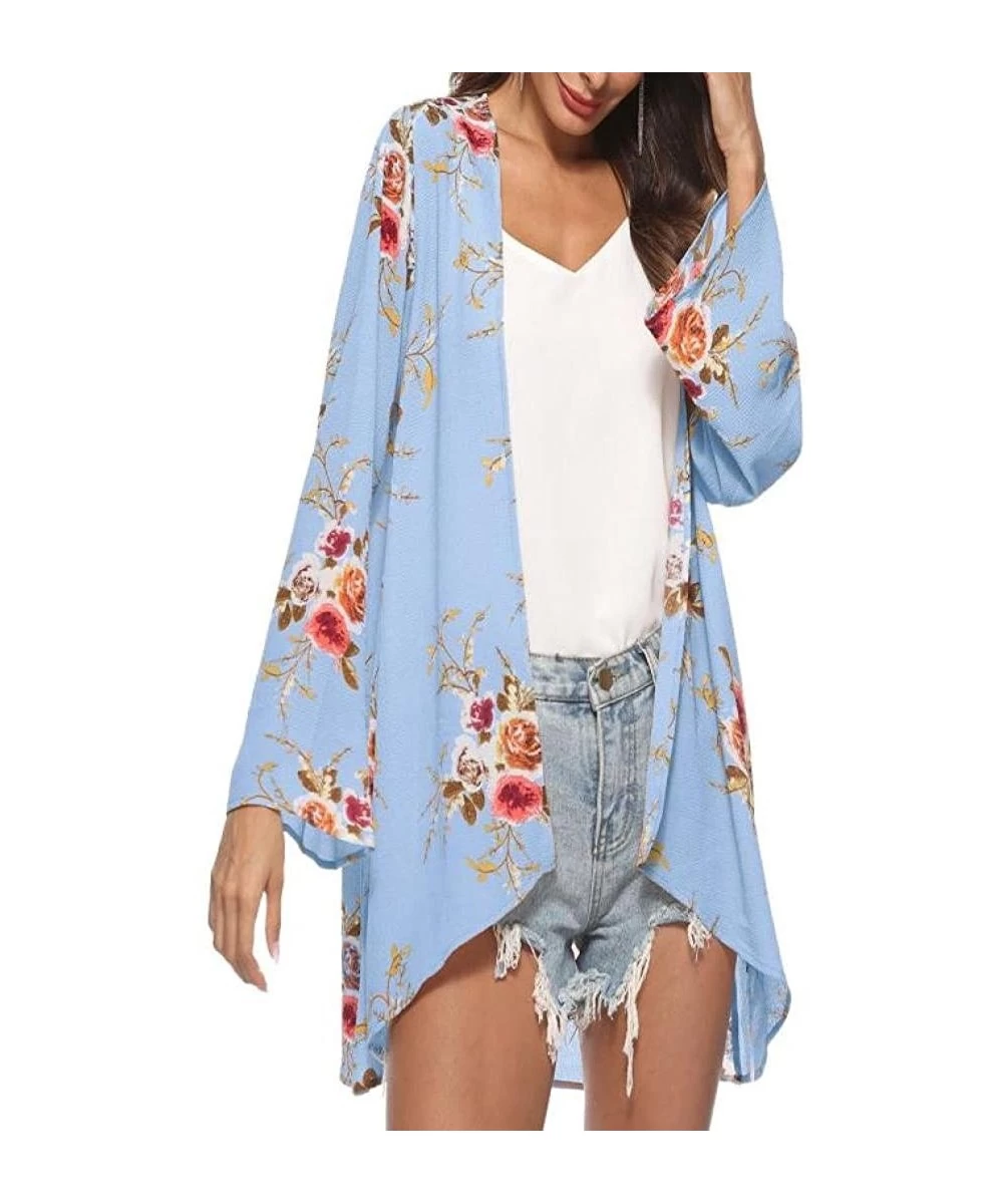 Cover-Ups Womens Kimono Cardigan- Mesh Panel 3/4 Bell Sleeve Floral Open Front Cover Up Tops Blouses - Blue 4 - CX18H8030HD