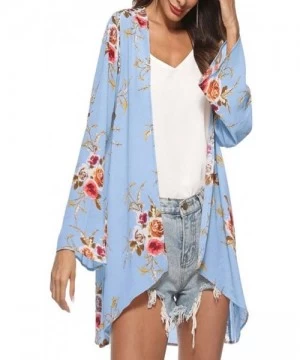 Cover-Ups Womens Kimono Cardigan- Mesh Panel 3/4 Bell Sleeve Floral Open Front Cover Up Tops Blouses - Blue 4 - CX18H8030HD