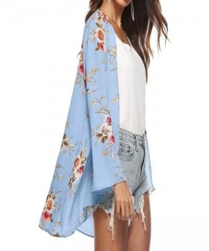 Cover-Ups Womens Kimono Cardigan- Mesh Panel 3/4 Bell Sleeve Floral Open Front Cover Up Tops Blouses - Blue 4 - CX18H8030HD