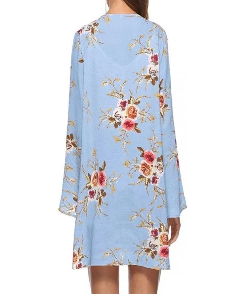 Cover-Ups Womens Kimono Cardigan- Mesh Panel 3/4 Bell Sleeve Floral Open Front Cover Up Tops Blouses - Blue 4 - CX18H8030HD