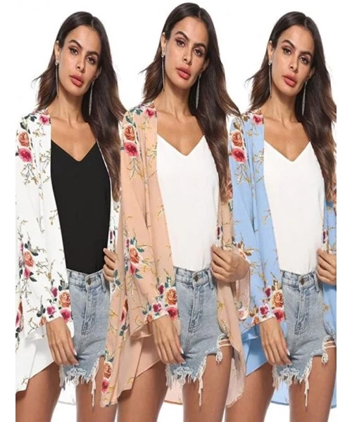 Cover-Ups Womens Kimono Cardigan- Mesh Panel 3/4 Bell Sleeve Floral Open Front Cover Up Tops Blouses - Blue 4 - CX18H8030HD