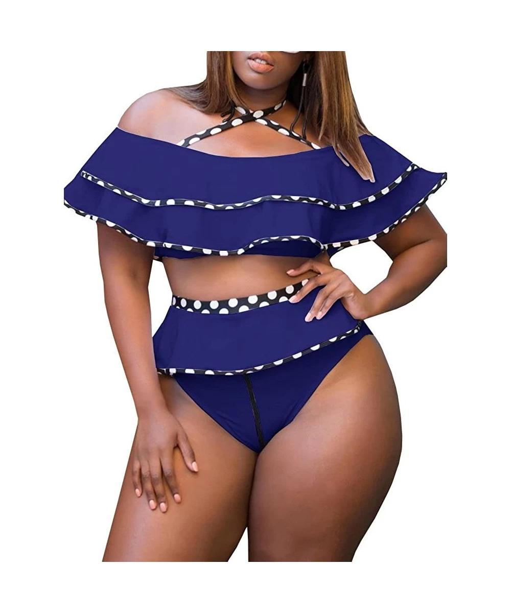 Sets Womens Plus Size Off Shoulder Swimsuit Two Piece Ruffled High Waist Push Up Bikini - Navy B - C518GWIHG45