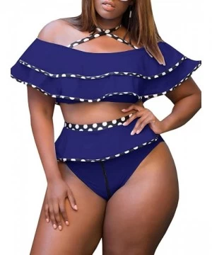 Sets Womens Plus Size Off Shoulder Swimsuit Two Piece Ruffled High Waist Push Up Bikini - Navy B - C518GWIHG45