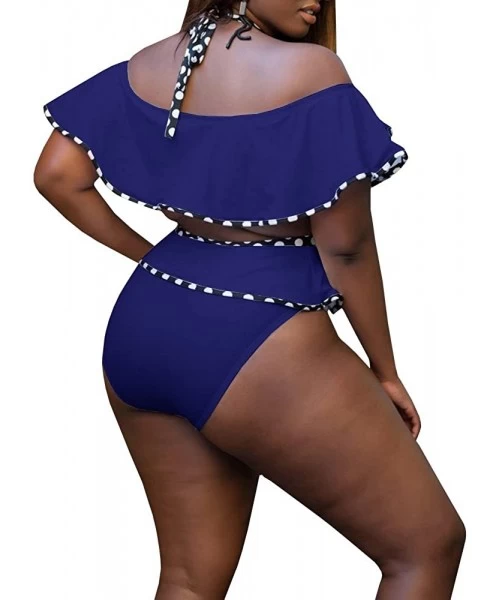 Sets Womens Plus Size Off Shoulder Swimsuit Two Piece Ruffled High Waist Push Up Bikini - Navy B - C518GWIHG45