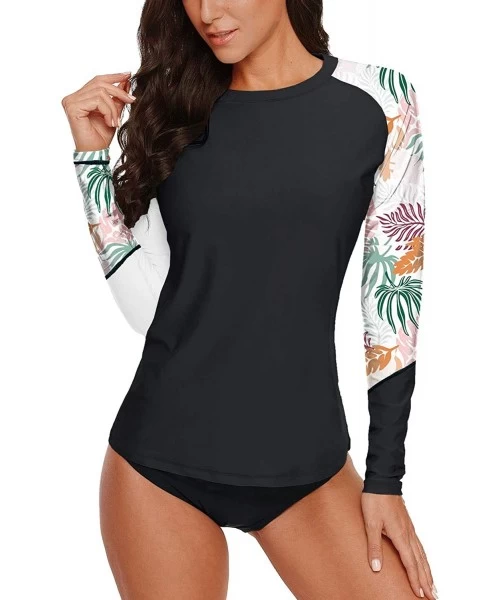 Rash Guards Women's Long Sleeve Rash Guard Sun Protection UPF 50+ Print Swim Shirt - Black White - Tropical - CT194TEH358