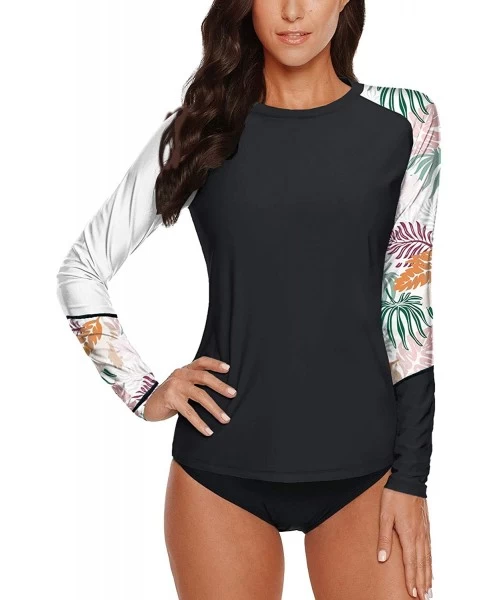 Rash Guards Women's Long Sleeve Rash Guard Sun Protection UPF 50+ Print Swim Shirt - Black White - Tropical - CT194TEH358