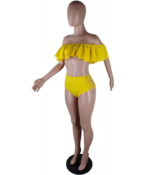 Sets Off The Shoulder Ruffle Bathing Bikini Crop Two Piece Tankini Womens Ruched Swimsuit 1016 - Yellow - C618RT3NM7E