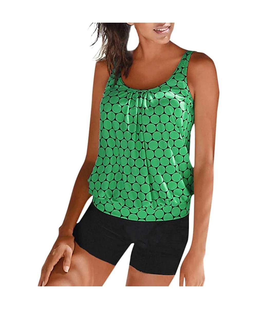 Sets Womens Plus Size Bikini Swimwear Two Piece Polka Dot Printed Loose Tank Vest Tops with Solid Color Boyshorts Green - CU1...