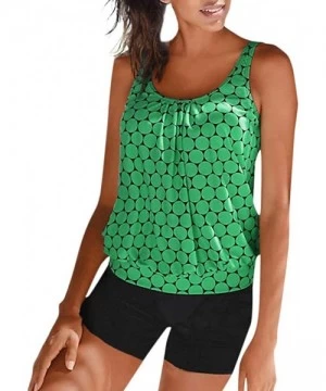 Sets Womens Plus Size Bikini Swimwear Two Piece Polka Dot Printed Loose Tank Vest Tops with Solid Color Boyshorts Green - CU1...